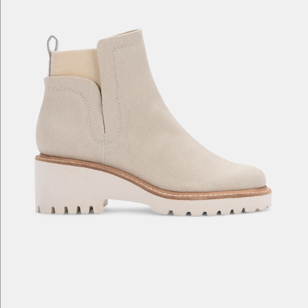 Huey booties in sandstone canvas.